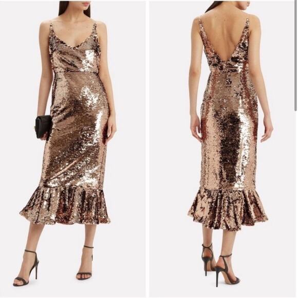 Saloni Sequin Dress Sleeveless Open Back Cocktail Midi Bronze Sz 4 Retails $795 - Picture 8 of 13